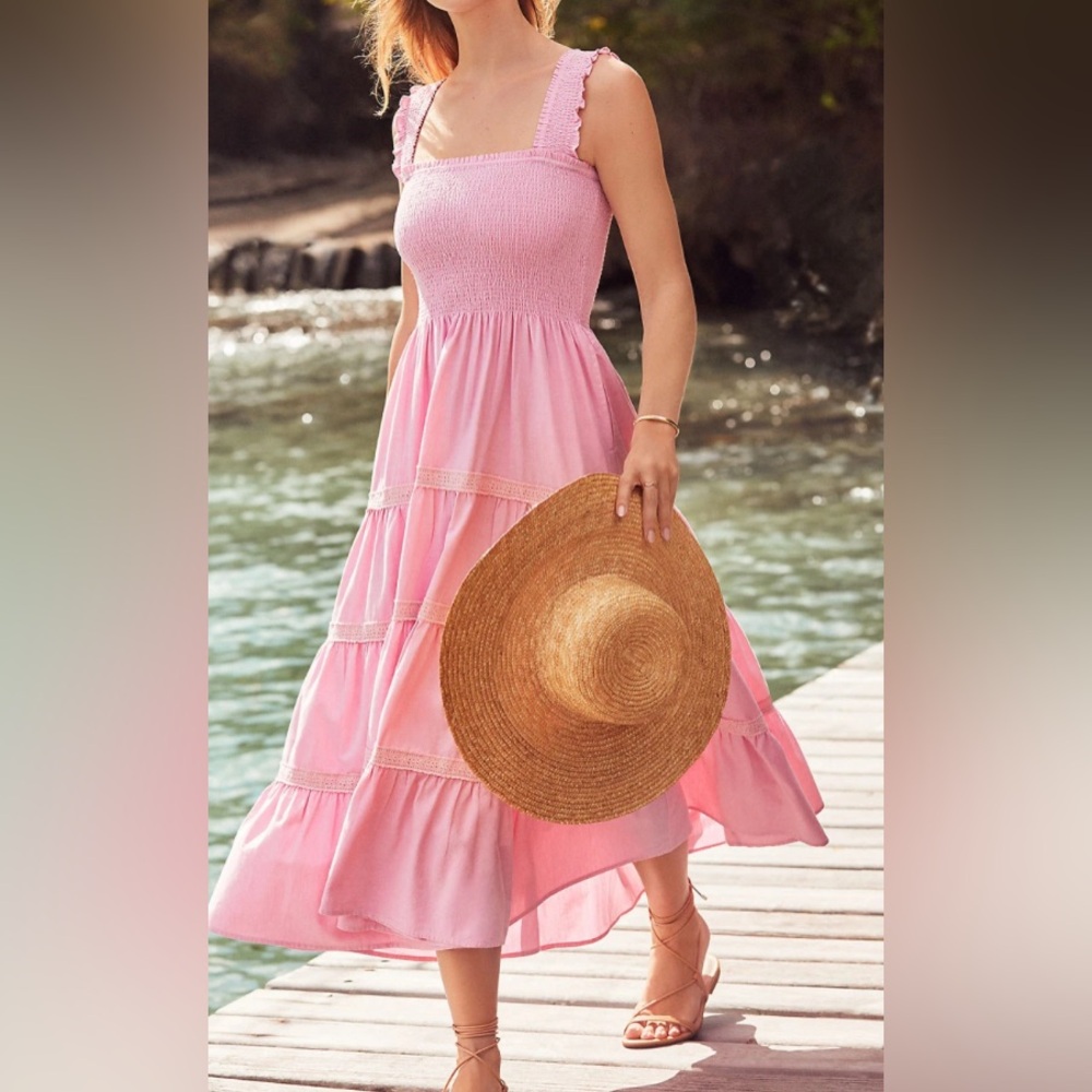 Lands' End Pink Smocked Tiered Midi Sun Dress